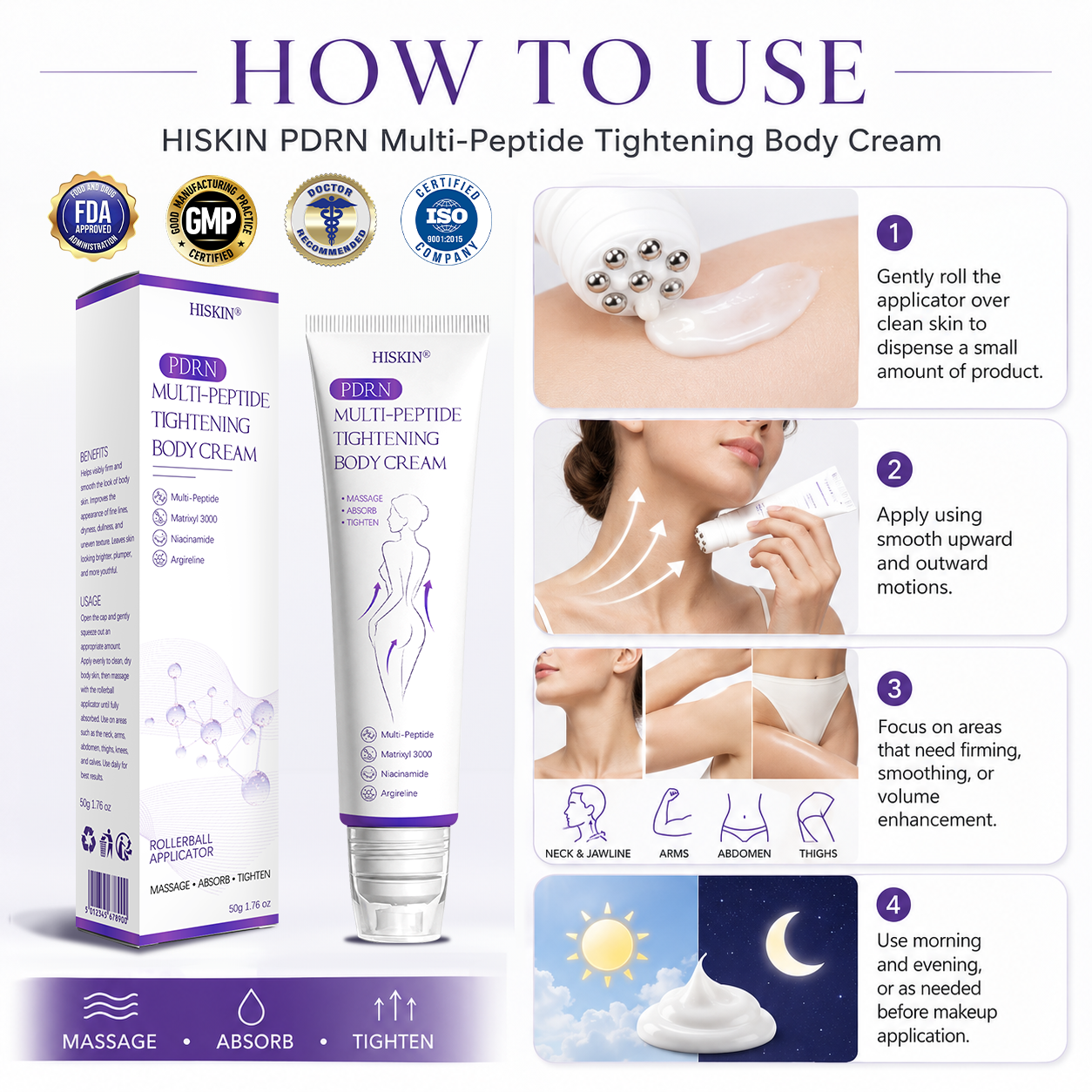 FDA Official: HISKIN® PDRN Multi-Peptide Massaging Body Roller Cream- Anti-aging, Hydrating, Skin Firming & Lifting, Skin Repair, Even Tone, Acne and Dark Spot Treatment, Wart and Mole Removal, and Psoriasis Relief.