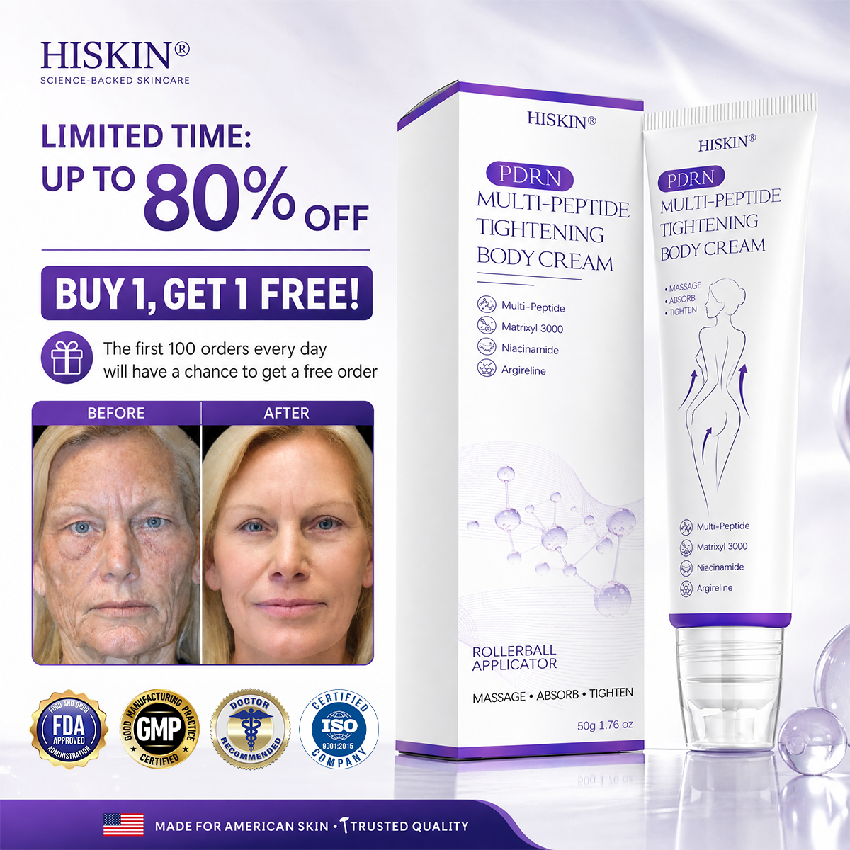 FDA Official: HISKIN® PDRN Multi-Peptide Massaging Body Roller Cream- Anti-aging, Hydrating, Skin Firming & Lifting, Skin Repair, Even Tone, Acne and Dark Spot Treatment, Wart and Mole Removal, and Psoriasis Relief.